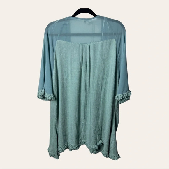 1182. Umgee LINEN BLEND KIMONO SHORT SLEEVES FRAY HEMS SIZE SMALL/MEDIUM GREEN - Picture 10 of 13